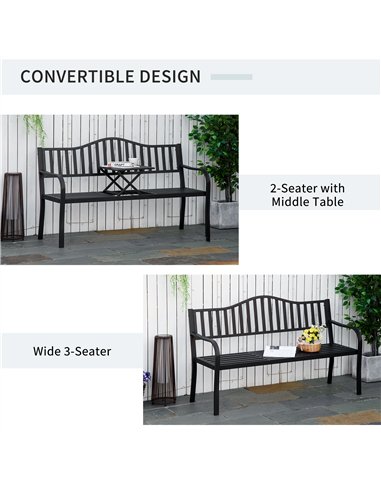 Outsunny Metal Outdoor Bench with Liftable Middle Table, Patio Loveseat, Garden Bench for Garden, Porch, Seats 2–3 People, Black