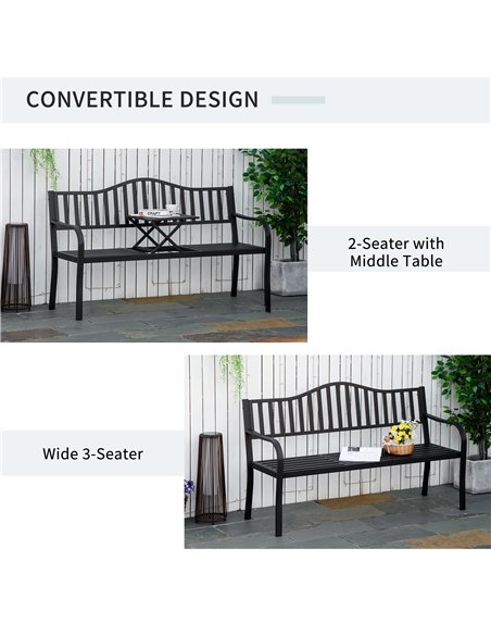 Outsunny Metal Outdoor Bench with Liftable Middle Table, Patio Loveseat, Garden Bench for Garden, Porch, Seats 2–3 People, Black - pic 180125 | FastDaddyshop