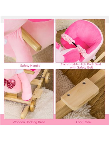 HOMCOM 2 In 1 Plush Baby Ride on Rocking Horse Elephant Rocker with Wheels Wooden Toy for Kids 32 Songs (Pink)