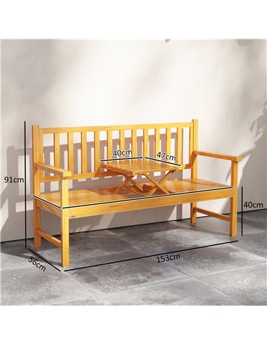 Outsunny Wooden Bench with Liftable Middle Table, Outdoor Bench, Patio Loveseat for Porch, Garden, Seats 2-3 People