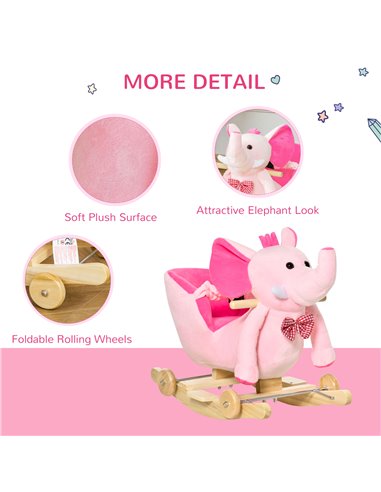 HOMCOM 2 In 1 Plush Baby Ride on Rocking Horse Elephant Rocker with Wheels Wooden Toy for Kids 32 Songs (Pink)
