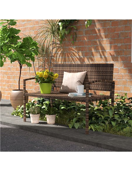 Outsunny All Weather Wicker Garden Loveseat, 2 Seater Poly Rattan Garden Bench, Outdoor Seating Bench Brown - pic 180148 | FastDaddyshop