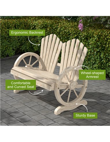Outsunny Fir Wood Love Seats with Wheel-Shaped Armrests, Large Load-Bearing Chair, Natural Wood Finish