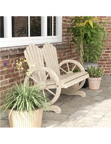 Outsunny Fir Wood Love Seats with Wheel-Shaped Armrests, Large Load-Bearing Chair, Natural Wood Finish
