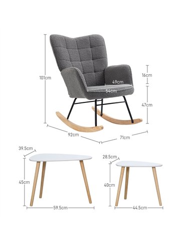 HOMCOM Living Room Furniture Set, Wingback Rocking Chair and Two Nesting Coffee Tables, White and Dark Grey