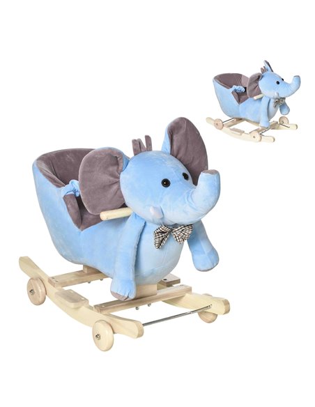 HOMCOM 2 In 1 Plush Elephant Rocker with Wheels, 32 Songs, Blue - pic 18017 | FastDaddyshop