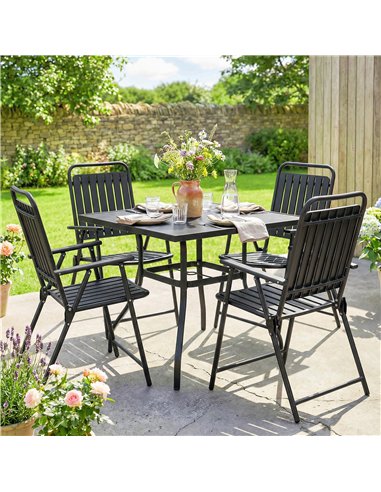 Outsunny Folding Garden Chairs, Garden Dining Chairs with Plastic Slatted Seat Back, Armrests, Steel Frame, Set of 4, Black