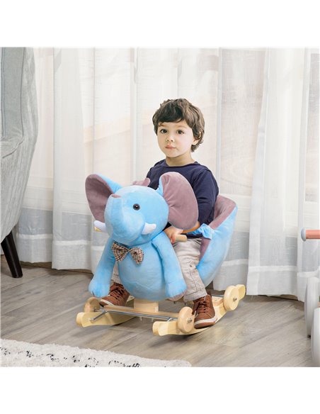 HOMCOM 2 In 1 Plush Elephant Rocker with Wheels, 32 Songs, Blue - pic 18018 | FastDaddyshop