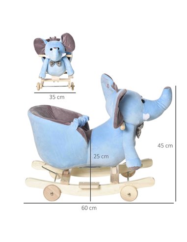 HOMCOM 2 In 1 Plush Elephant Rocker with Wheels, 32 Songs, Blue