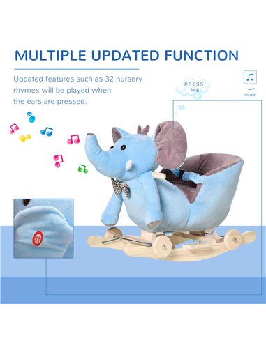 HOMCOM 2 In 1 Plush Elephant Rocker with Wheels, 32 Songs, Blue