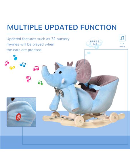 HOMCOM 2 In 1 Plush Elephant Rocker with Wheels, 32 Songs, Blue - pic 18020 | FastDaddyshop