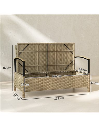 Outsunny 125L Garden Storage Bench, 2 Seater PE Rattan Outdoor Bench Storage Box with Padded Cushion, Khaki