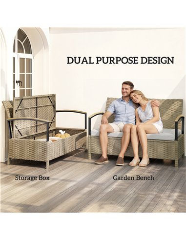 Outsunny 125L Garden Storage Bench, 2 Seater PE Rattan Outdoor Bench Storage Box with Padded Cushion, Khaki
