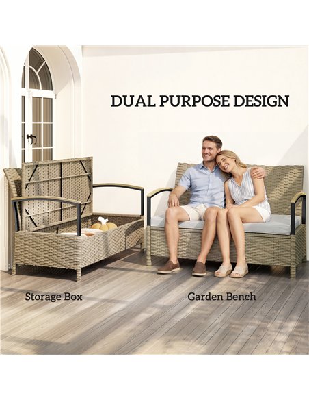 Outsunny 125L Garden Storage Bench, 2 Seater PE Rattan Outdoor Bench Storage Box with Padded Cushion, Khaki - pic 180206 | FastDaddyshop