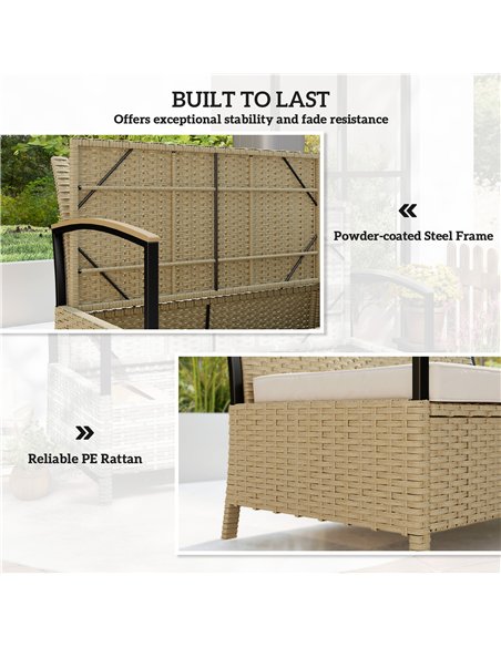 Outsunny 125L Garden Storage Bench, 2 Seater PE Rattan Outdoor Bench Storage Box with Padded Cushion, Khaki - pic 180208 | FastDaddyshop