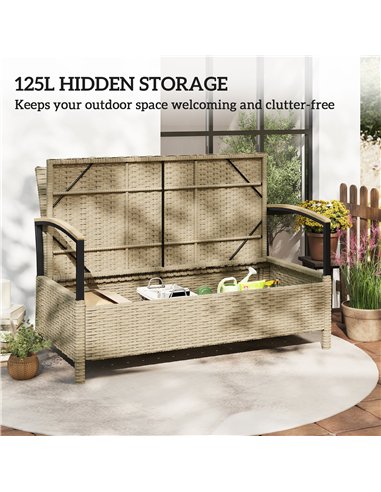 Outsunny 125L Garden Storage Bench, 2 Seater PE Rattan Outdoor Bench Storage Box with Padded Cushion, Khaki