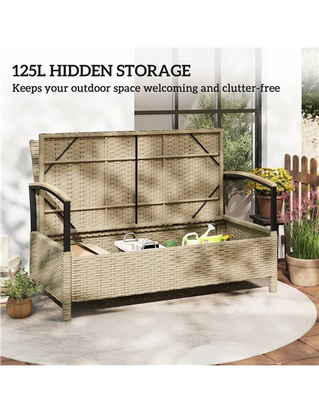 Outsunny 125L Garden Storage Bench, 2 Seater PE Rattan Outdoor Bench Storage Box with Padded Cushion, Khaki - pic 180209 | FastDaddyshop