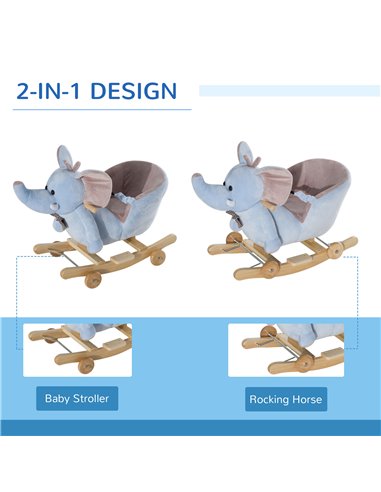HOMCOM 2 In 1 Plush Elephant Rocker with Wheels, 32 Songs, Blue