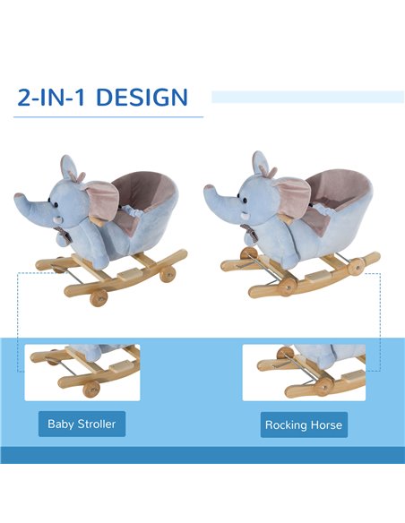HOMCOM 2 In 1 Plush Elephant Rocker with Wheels, 32 Songs, Blue - pic 18021 | FastDaddyshop