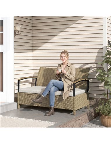Outsunny 125L Garden Storage Bench, 2 Seater PE Rattan Outdoor Bench Storage Box with Padded Cushion, Khaki
