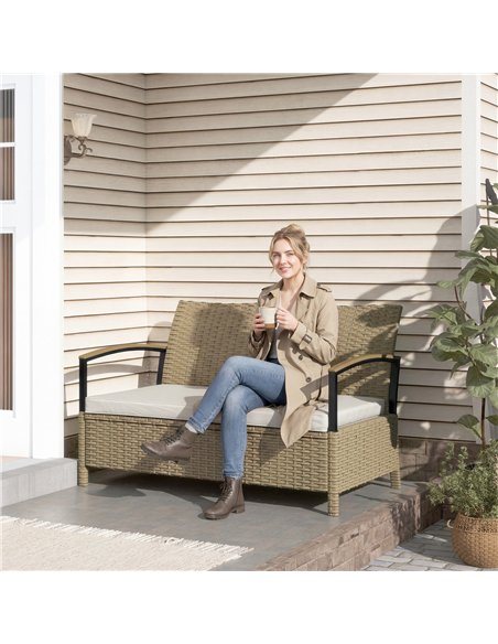 Outsunny 125L Garden Storage Bench, 2 Seater PE Rattan Outdoor Bench Storage Box with Padded Cushion, Khaki - pic 180210 | FastDaddyshop