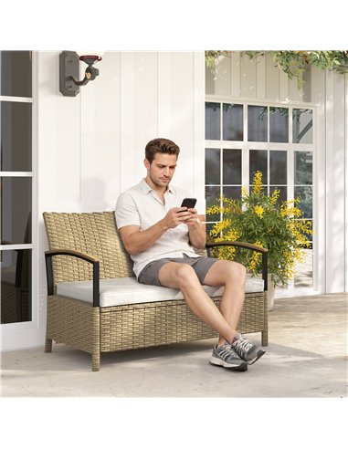 Outsunny 125L Garden Storage Bench, 2 Seater PE Rattan Outdoor Bench Storage Box with Padded Cushion, Khaki