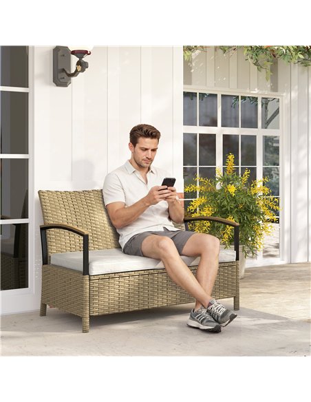 Outsunny 125L Garden Storage Bench, 2 Seater PE Rattan Outdoor Bench Storage Box with Padded Cushion, Khaki - pic 180211 | FastDaddyshop