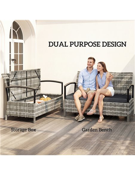 Outsunny 125L Garden Storage Bench, 2 Seater PE Rattan Outdoor Bench Storage Box with Padded Cushion, Dark Grey - pic 180215 | FastDaddyshop