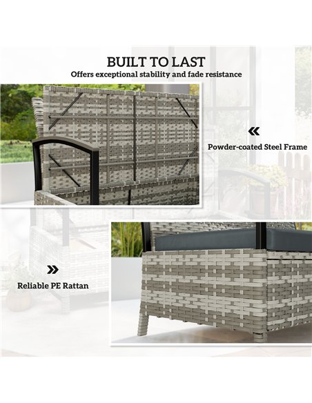 Outsunny 125L Garden Storage Bench, 2 Seater PE Rattan Outdoor Bench Storage Box with Padded Cushion, Dark Grey - pic 180217 | FastDaddyshop