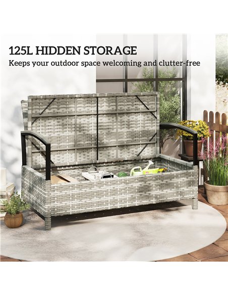 Outsunny 125L Garden Storage Bench, 2 Seater PE Rattan Outdoor Bench Storage Box with Padded Cushion, Dark Grey - pic 180218 | FastDaddyshop