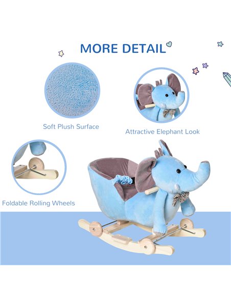 HOMCOM 2 In 1 Plush Baby Ride on Rocking Horse Elephant Rocker with Wheels Wooden Toy for Kids 32 Songs (Blue) - pic 18023 | FastDaddyshop