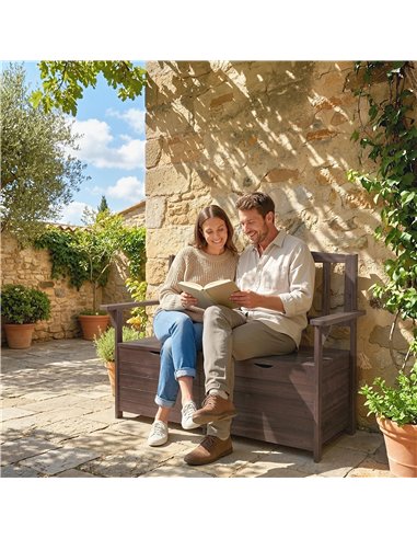 Outsunny Outdoor 2 Seater Garden Bench, Wooden Bench with Storage, Backrest, Arm Rests, 112 x 84 x 58 cm, Brown