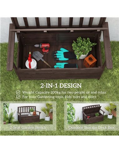 Outsunny Outdoor 2 Seater Garden Bench, Wooden Bench with Storage, Backrest, Arm Rests, 112 x 84 x 58 cm, Brown