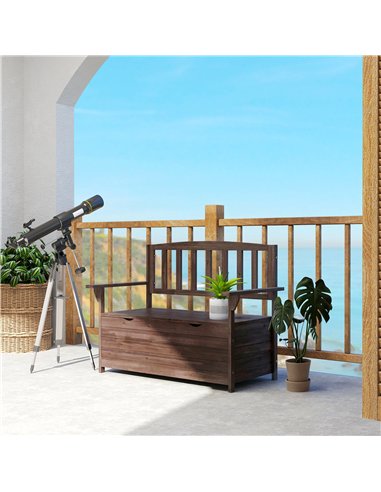 Outsunny Outdoor 2 Seater Garden Bench, Wooden Bench with Storage, Backrest, Arm Rests, 112 x 84 x 58 cm, Brown