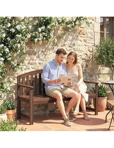 Outsunny 2 Seater Wooden Garden Bench with Armrest, Outdoor Furniture Chair for Park, Balcony, Carbonised Finish