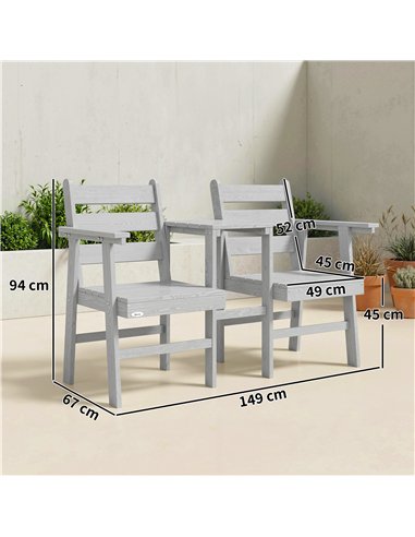 Outsunny Outdoor Garden Loveseat, Embossed Wooden Jack and Jill Garden Seat with Integrated Table, Grey
