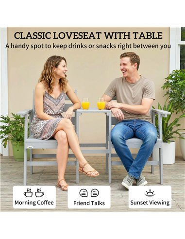 Outsunny Outdoor Garden Loveseat, Embossed Wooden Jack and Jill Garden Seat with Integrated Table, Grey