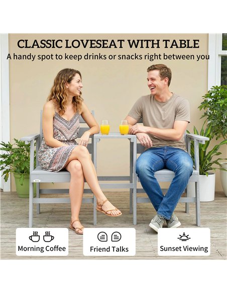 Outsunny Outdoor Garden Loveseat, Embossed Wooden Jack and Jill Garden Seat with Integrated Table, Grey - pic 180252 | FastDaddyshop