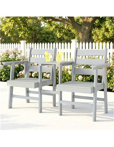 Outsunny Outdoor Garden Loveseat, Embossed Wooden Jack and Jill Garden Seat with Integrated Table, Grey