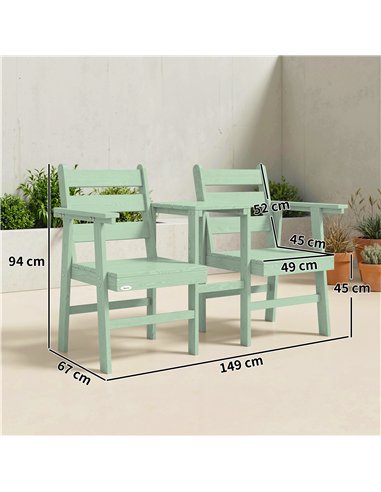 Outsunny Outdoor Garden Loveseat, Embossed Wooden Jack and Jill Garden Seat with Integrated Table, Green