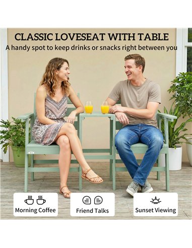 Outsunny Outdoor Garden Loveseat, Embossed Wooden Jack and Jill Garden Seat with Integrated Table, Green