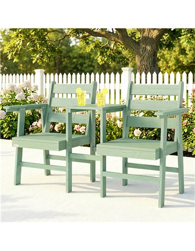 Outsunny Outdoor Garden Loveseat, Embossed Wooden Jack and Jill Garden Seat with Integrated Table, Green