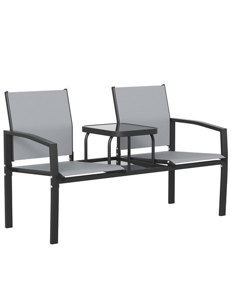 Outsunny Garden Love Seat, 2 Seater Jack and Jill Loveseat Companion Seat with 2-Tier Glass Table, Breathable Texteline, Grey - pic 180266 | FastDaddyshop