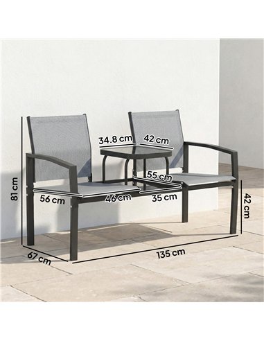 Outsunny Garden Love Seat, 2 Seater Jack and Jill Loveseat Companion Seat with 2-Tier Glass Table, Breathable Texteline, Grey