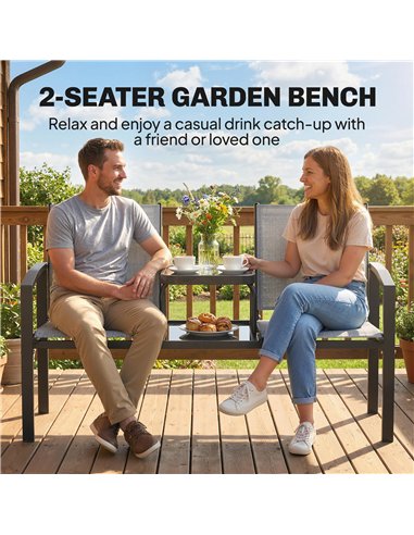 Outsunny Garden Love Seat, 2 Seater Jack and Jill Loveseat Companion Seat with 2-Tier Glass Table, Breathable Texteline, Grey