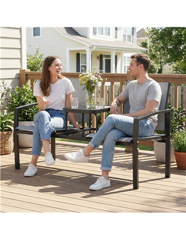 Outsunny Garden Love Seat, 2 Seater Jack and Jill Loveseat Companion Seat with 2-Tier Glass Table, Breathable Texteline, Grey
