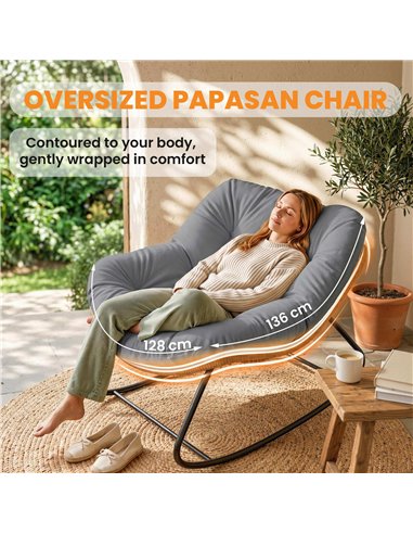 Outsunny Indoor Outdoor Rocking Chair, Oversized Rocking Egg Chair with Cushion for Living Room, Garden, Patio, Grey