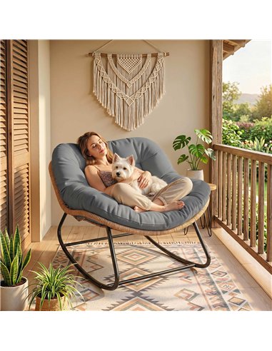 Outsunny Indoor Outdoor Rocking Chair, Oversized Rocking Egg Chair with Cushion for Living Room, Garden, Patio, Grey