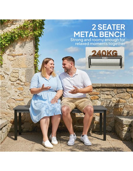 Outsunny 2 Seater Garden Bench, Outdoor Bench Loveseat with Wood-Effect Slatted Seat and Steel Frame for Patio, Park, Grey - pic 180297 | FastDaddyshop