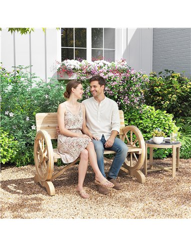 Outsunny Fir Wood 2-Seater Outdoor Garden Wagon Wheel Bench, Natural Wood Finish